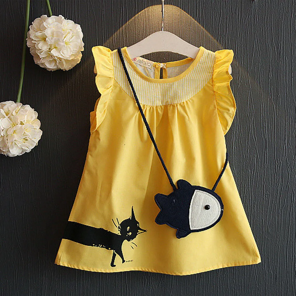 

princess dress yellow girl Sleeveless Cartoon summer girl dress Fish Bag+Cat Casual kid costume Princess Dress#G8