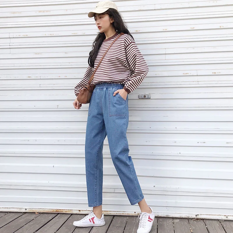 Джинсовые штаны шаровары Harajuku женские S 5XL стрейч большого размера Высокая талия