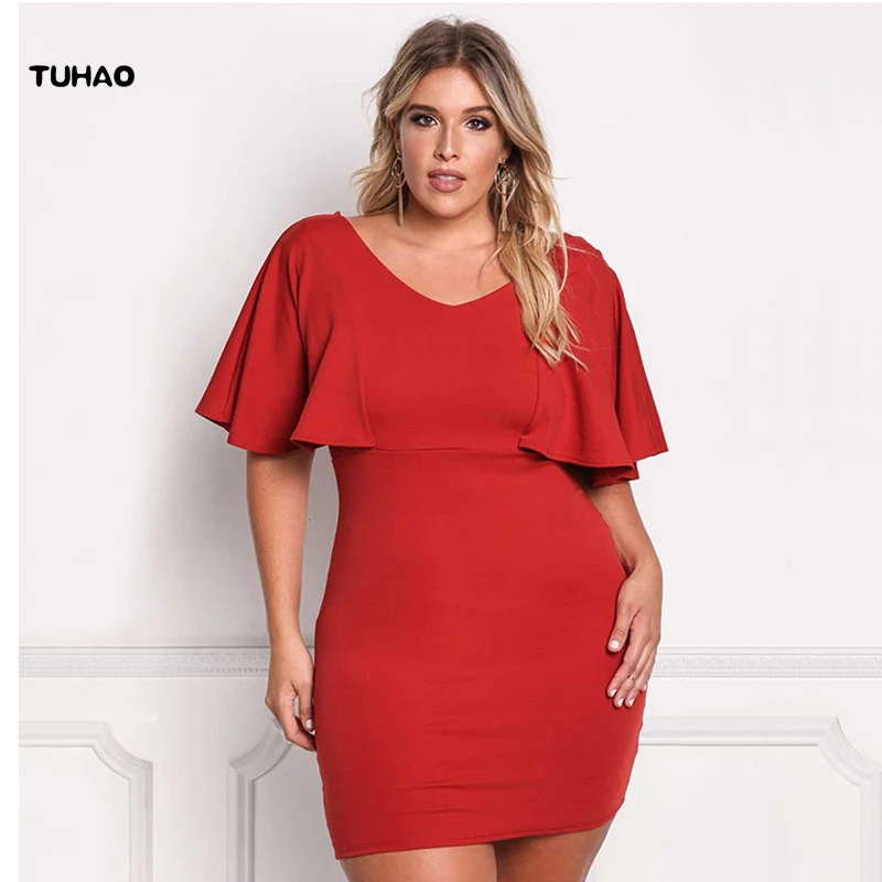 sexy club plus size 3XL Women ruffles Dresses Short Sleeve Casual Soild Color Vestidos Large