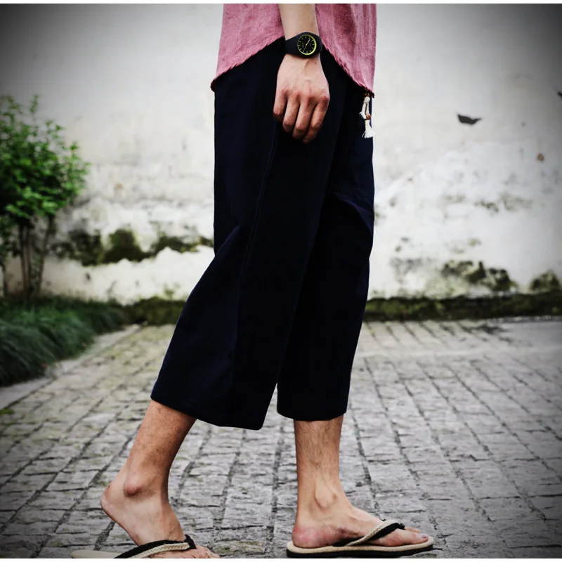 Мужские штаны-шаровары в китайском стиле из хлопка и льна, свободные штаны на шнуровке с эластичной резинкой на талии, летние мужские повседневные штаны плюс 4XL