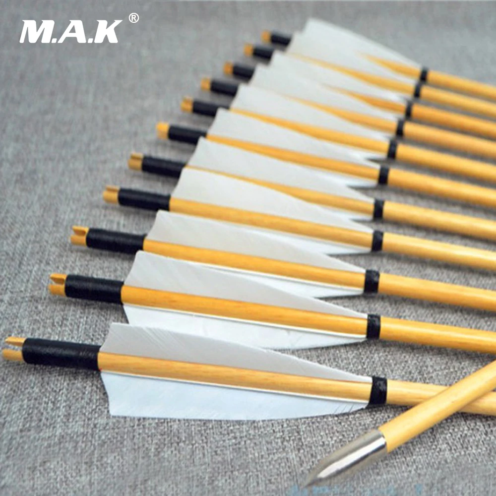 6/12/24pcs Natural Wooden Arrows 30inch with White Turkey Feather and Iron Arrowhead for 25-50lbs Bows for Archery Shooting H
