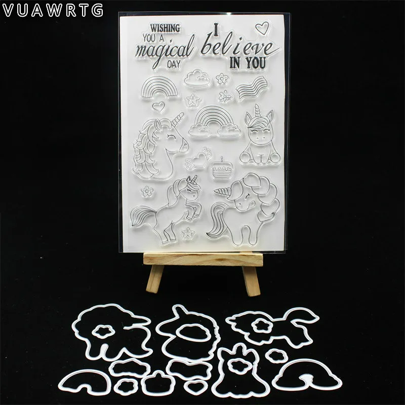 

VUAWRTG Magicl Unicorn Transparent Clear Silicone Stamp and Metal Cutting Die Set for DIY scrapbooking/Card Making