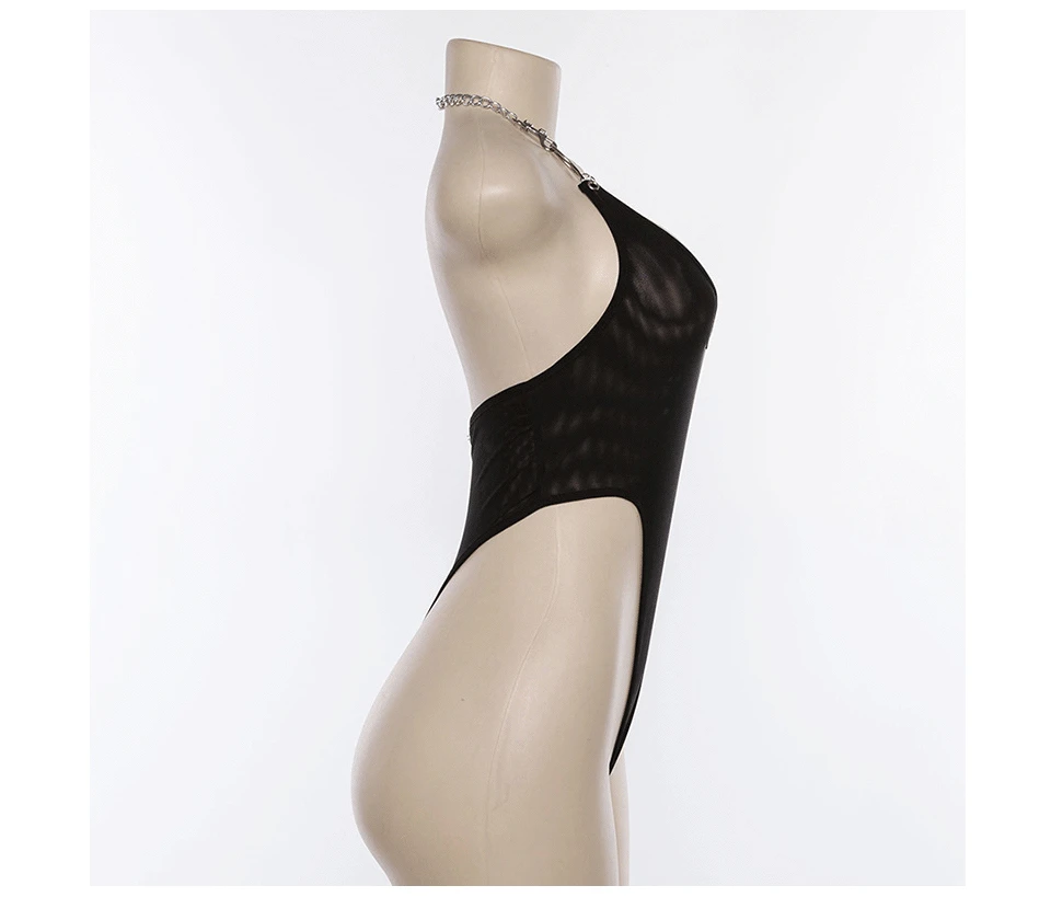 ArtSu женский сексуальный боди тонкая сетчатая одежда для клуба цепь с открытой спиной черный облегающий женский костюм-комбинезон Вечерние боди комбинезон ASJU41006