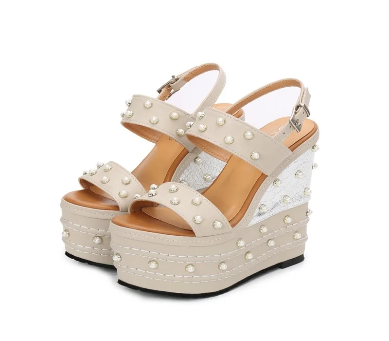 

Spring Summer Newest 16cm Heels Sexy Sandal Woman Open Toe Platform Buckle Strap Gladiator Shoe White Pearls Beaded Cutouts Heel