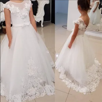 

Vintage Long Princess Dress Floral Appliques Belt Customized White Flower Girl Dress Girls Party Gowns Vestidos Backless Train