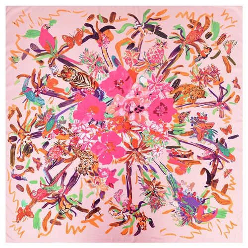POBING 130 см* 130 см шелковый шарф женские Большие шали роскошные цветочные птицы граффити квадратные шарфы Echarpes Foulards Femme шейный платок - Цвет: Pink