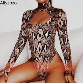 

Women Sexy Snake Bodysuits Hollow out High Turtleneck Long Sleeve Playsuits Clbe Night Rompers Jumpsuits