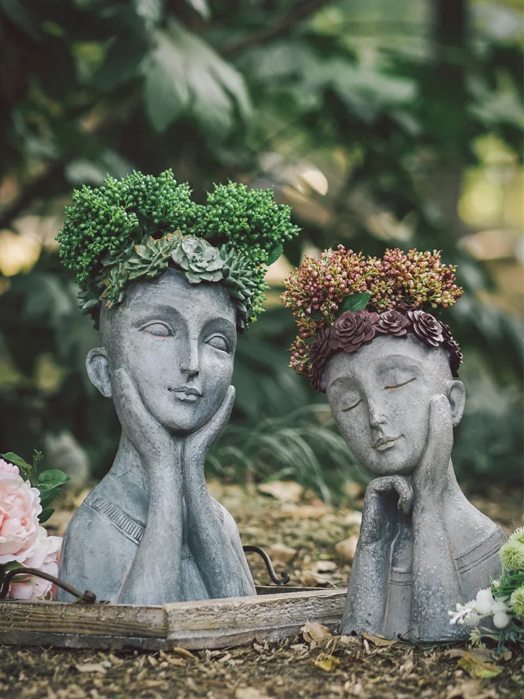 

Garden Decoration Courtyard Portrait Of Goddess Wearing A Succulent Planta Wreath Of Thinking Flower Pots Resin Character Statue