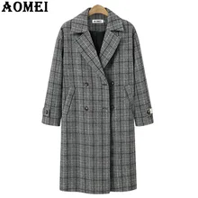 Зимний клетчатый Винтажный Длинный Женский блейзер, плюс размер, двубортный Блейзер, Регулируемая Талия, длинный рукав, повседневное женское пальто