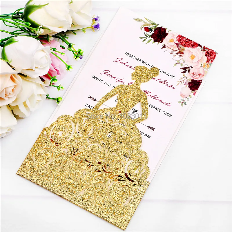 PONATIA Роскошное Свадебное приглашение карты красивая девушка платье для девушки 15 Quinceanera помолвка Свадьба(золотой блеск