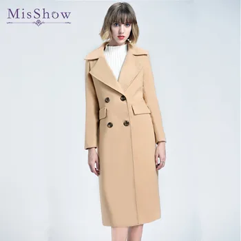 

MisShow Elegant Long Autumn Winter Coat Women Breasted Coats Slim Outerwear Casual Overcoats Wool Blend Coat Jacket