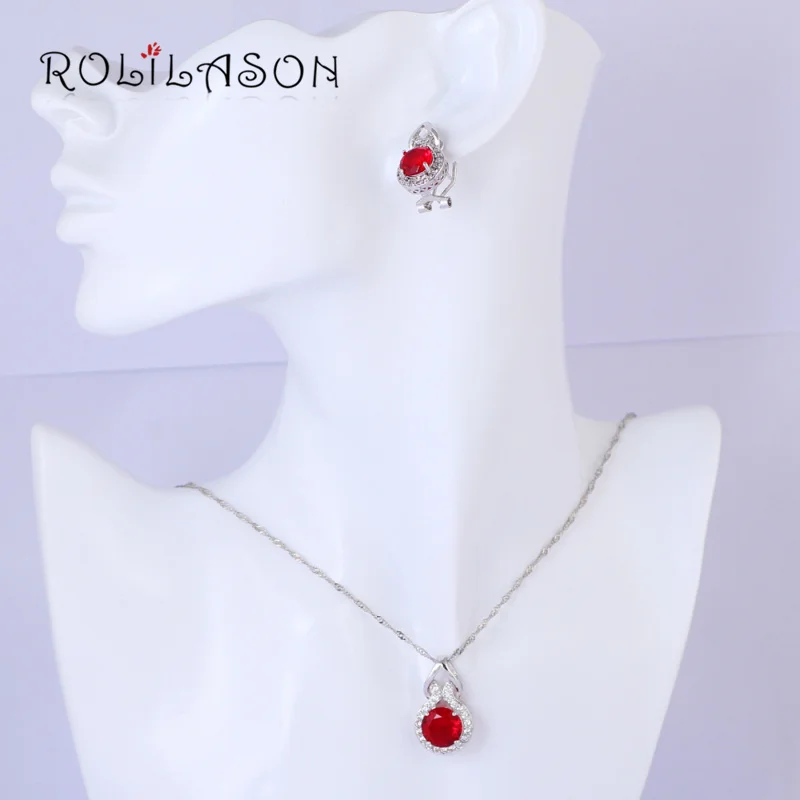 Серебряные штампованные клипсы серьги ожерелье кулон Кольца Ретро Красный AAA CZ Модный набор украшений для женщин JS629