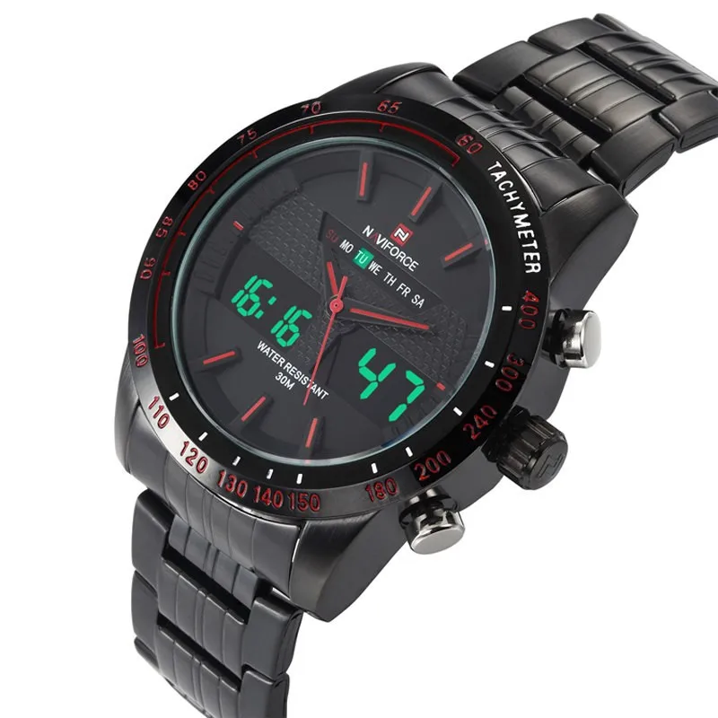 Мужские часы NAVIFORCE 9024 Роскошные брендовые полностью Стальные кварцевые часы цифровой светодиодный часы армейские военные спортивные часы relogio masculino - Цвет: Красный