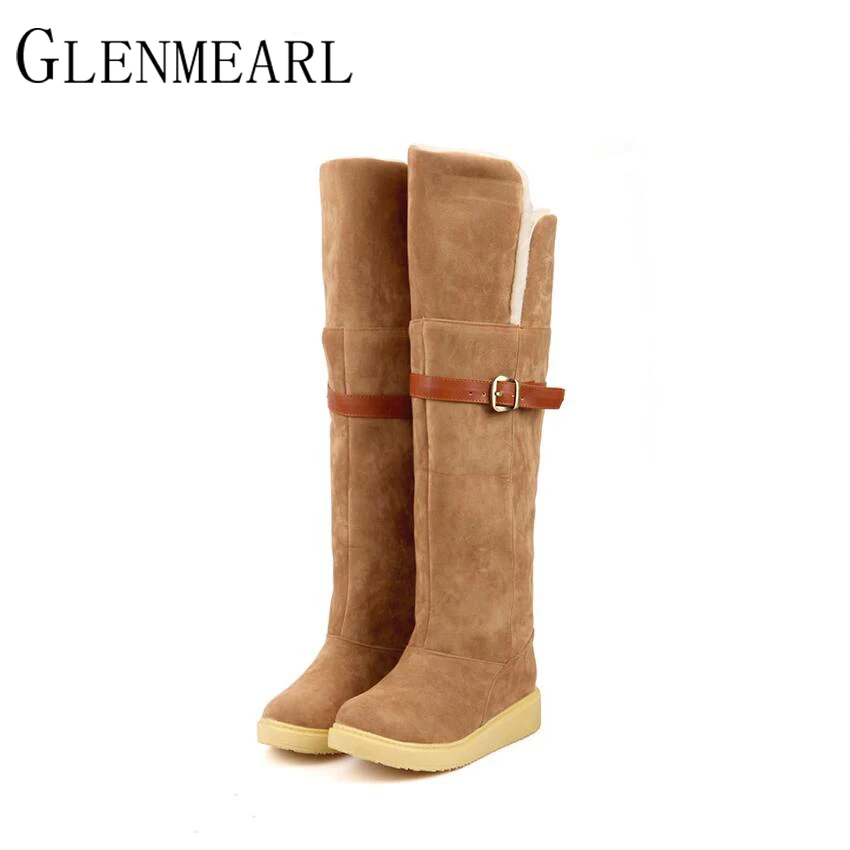

2018 New High Women Boots Autumn Winter Brand Cotton Snow Over-The-Knee Belt Flat Black Beige Brown Frosted PU Warm High Boots
