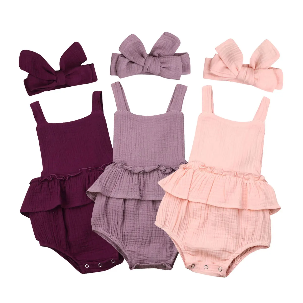 

2019 New Newborn Baby Girls Ruffles Romper Sleeveless Infant Girl Jumpsuit Summer Baby Girls Clothes Headband Sunsuit