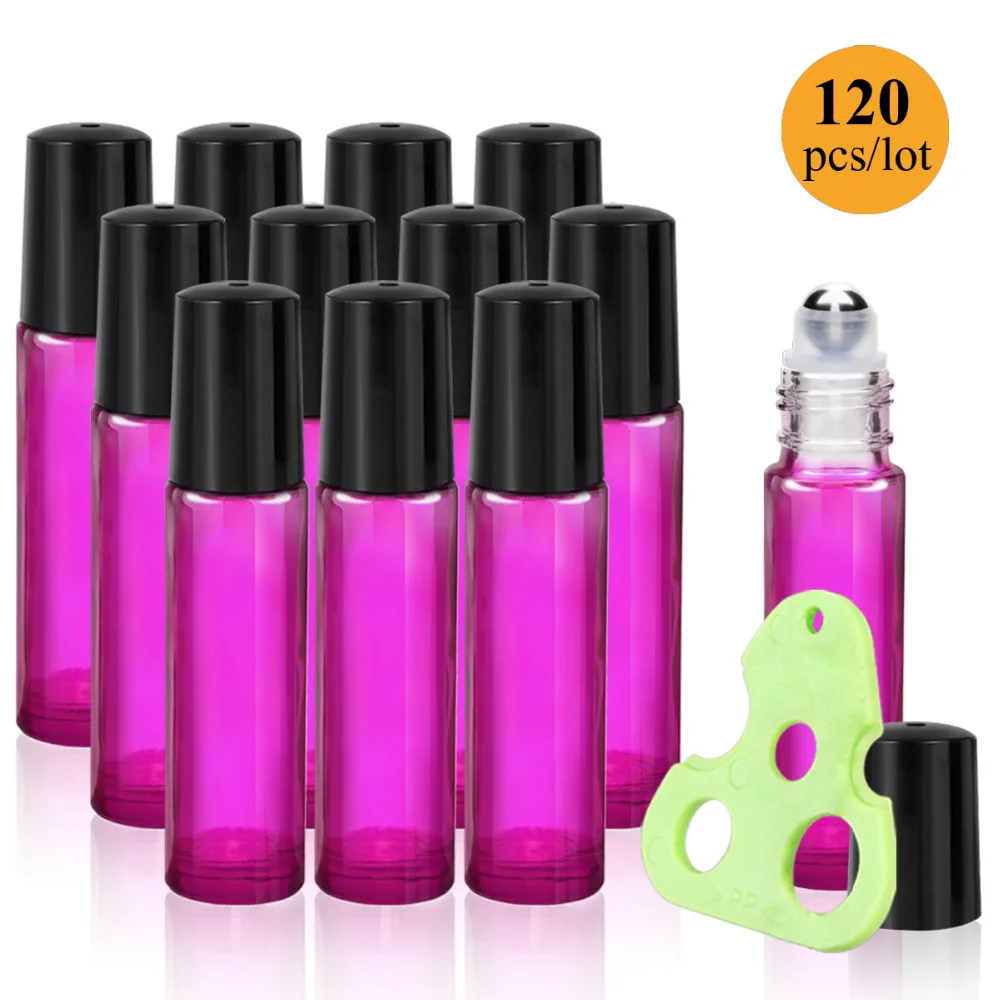 120 Pcs/Lot 10ml Roller Bottles for Essential Oils, Pink Glass Roll on