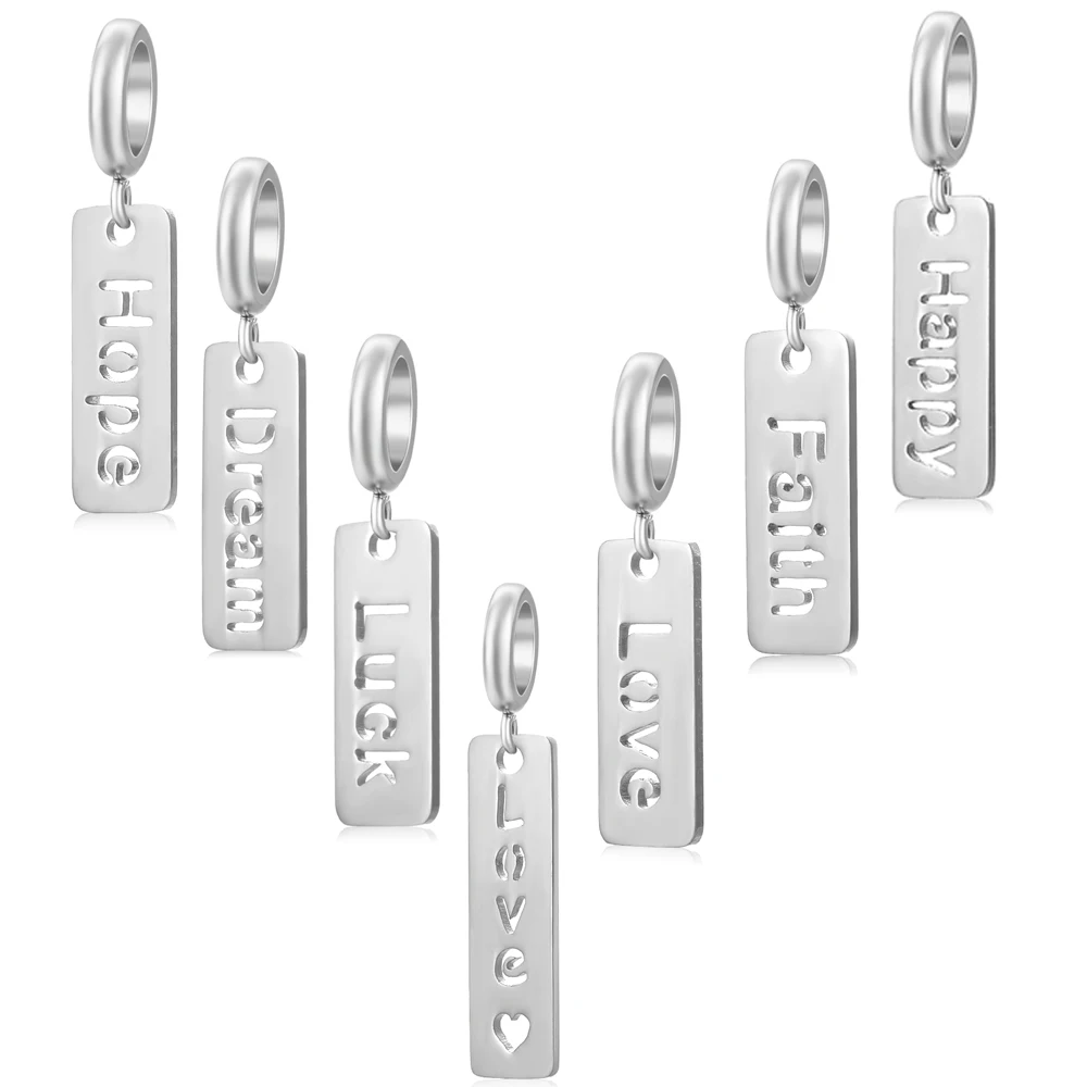 

Rectangle Positive Words Hollow LOVE DREAM HAPPY HOPE LUCK Stainless Steel Engraved Charms Women DIY Bracelet 10pcs/lot VC-370