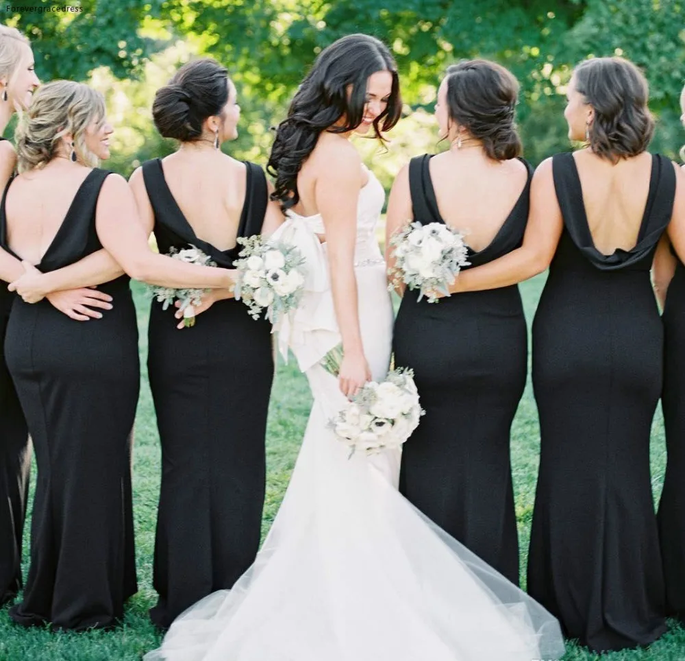 2019 Western Country Garden Wedding Guest Dresses Black Bridesmaids Dresses Mermaid Jewel Neck Backless Long Maid of Honor Gowns BM0375  85 (1)
