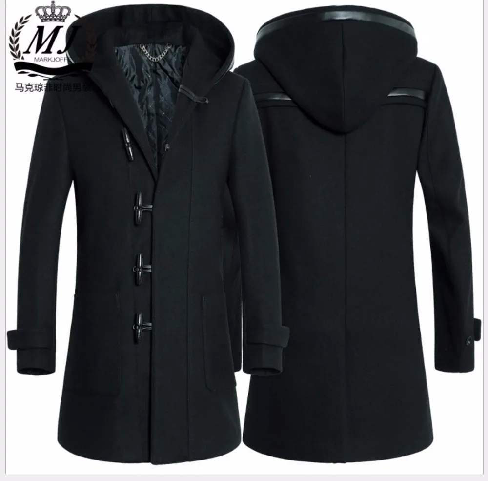 M3xl Winter New Men Fashion Windbreaker Wool Long Woolen Coat Slim Horn Button Blends Hooded