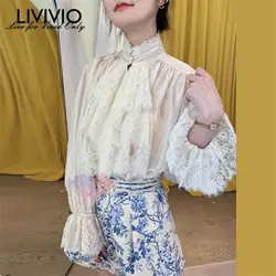 [LIVIVIO] шелковая водолазка с длинными рукавами на пуговицах с кружевом и рюшами абрикосовая Офисная женская блуза женская рубашка Топы 2019