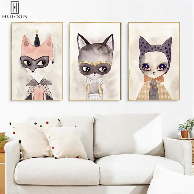 

Lovely Cartoon Cat Mouse Fox Wears Black Musk On Their Face Decorative Canvas Paintings For Kids Birthday Wall Art Room Decor