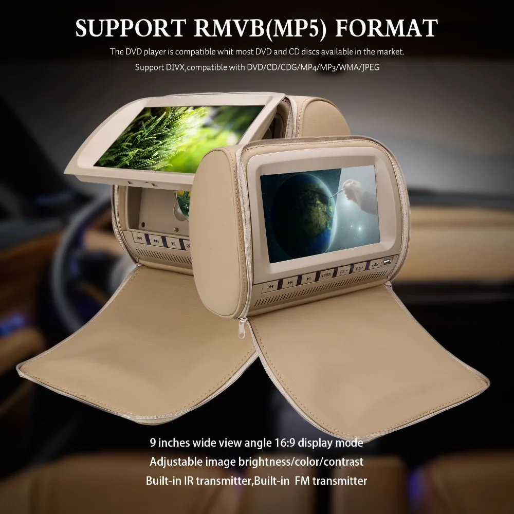 

2pcs 9 inch Headrest DVD Player Car Rear Seat Media Player with FM/IR/USB/SD(MP5)/Wireless Game/Zipper cover