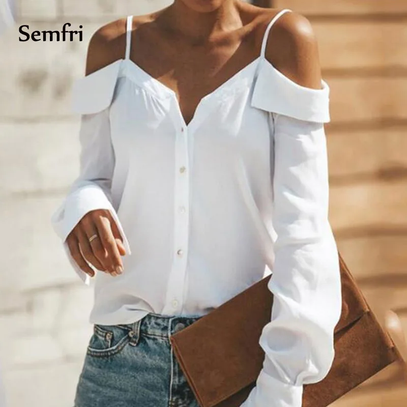 

Semfri Women's Tunic White Shirt Off Shoulder Long Sleeve Autumn Sexy Harajuku Top Buttons Strap 2019 Stylish Women's Clothing