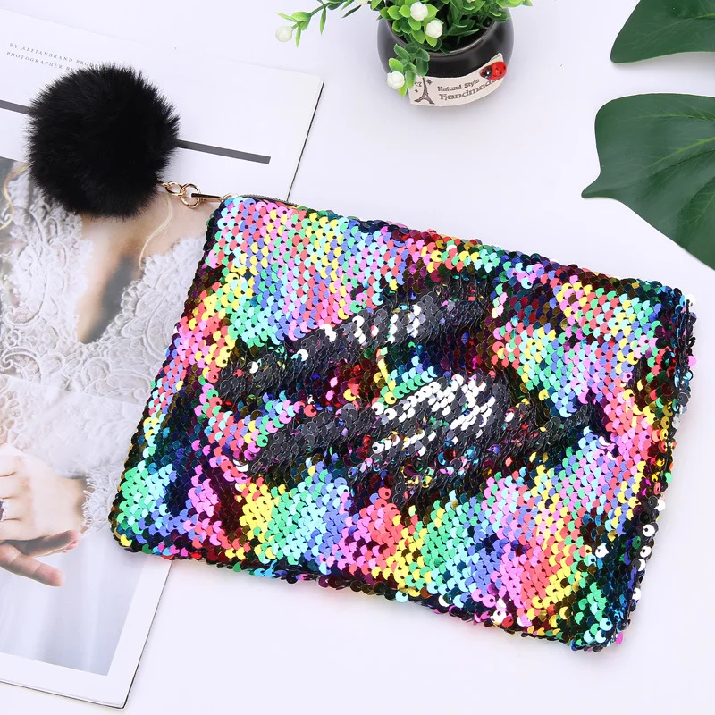 Fashion Reversible Sequins Glitter Makeup Bags Girl Cute Plush Ball Cute Cosmetics Pouchs For Travel Ladies Women Cosmetic Bag