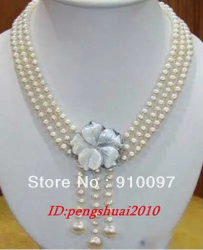 

>>>Noble Jewelry 3 rows white Freshwater pearl lady's necklace shell Flower clasp