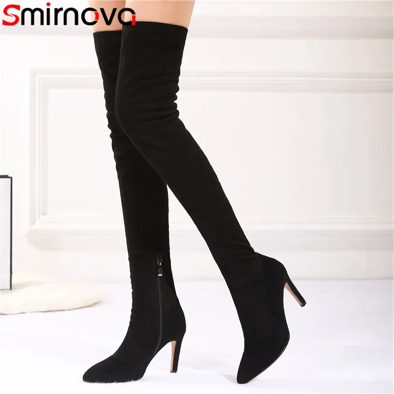 

Smirnova black fashion shoes woman pointed toe zip thin high over the knee boots women genuine leather+pu thigh heels boots