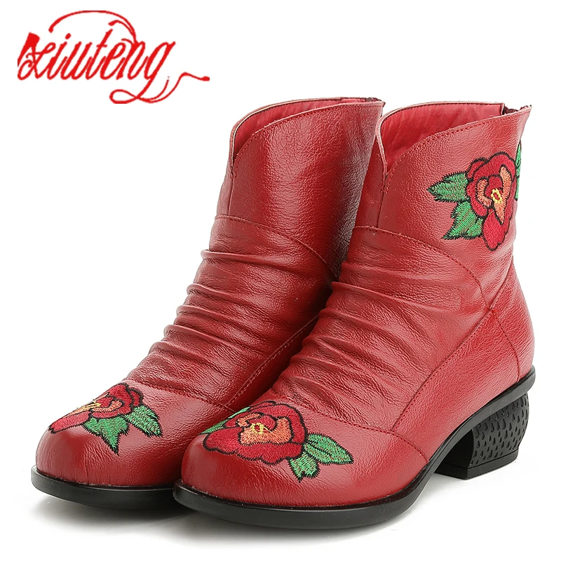 

Xiuteng Genuine Leather Women Shoes Embroidered Square Low Heel Ankle Boots Women Winter Boots Large Size Short Plush inside