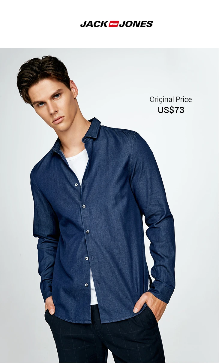 JackJones весна лето новый 100% хлопок заостренный воротник с длинными рукавами джинсовая рубашка | 217305529