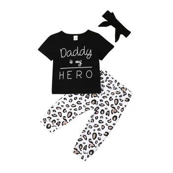 

3PCS Set Newborn Baby Boy Girl Short Sleeve Cotton T-shirt Tops Leopard Long Pant Trouser Headband Outfits Baby Clothes