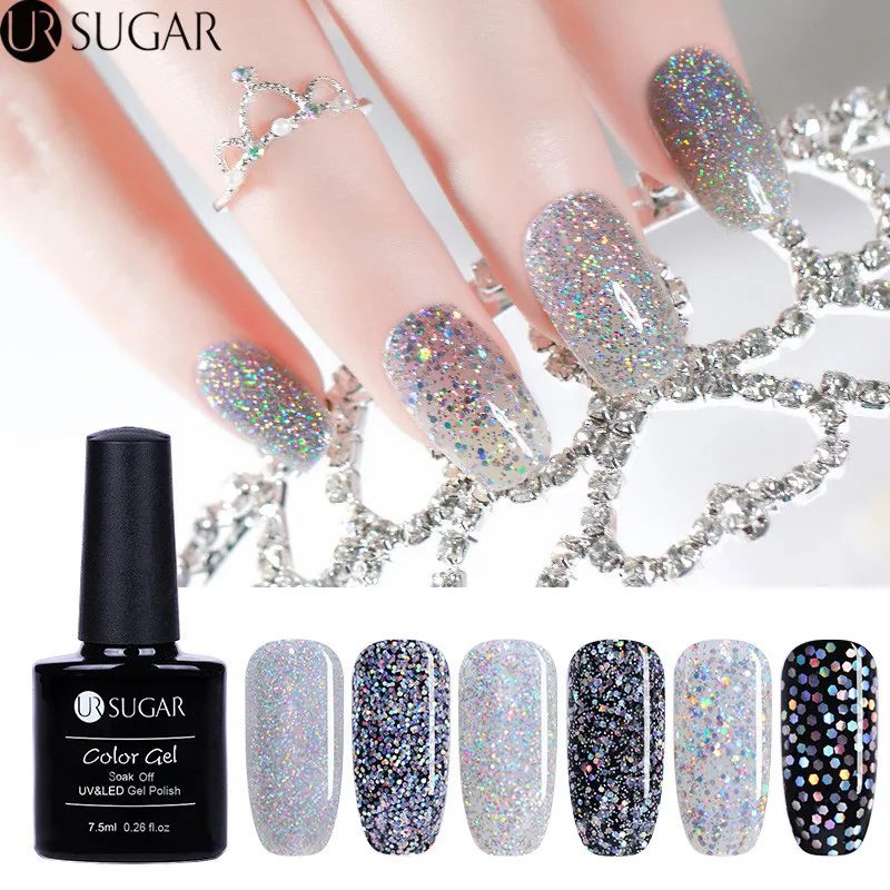 

UR SUGAR Laser Silver UV Nail Gel Polish Holographic Glitter Led Gel Nail Polish Lacquer 7.5ml Soak Off UV Nail Varnish Manicure