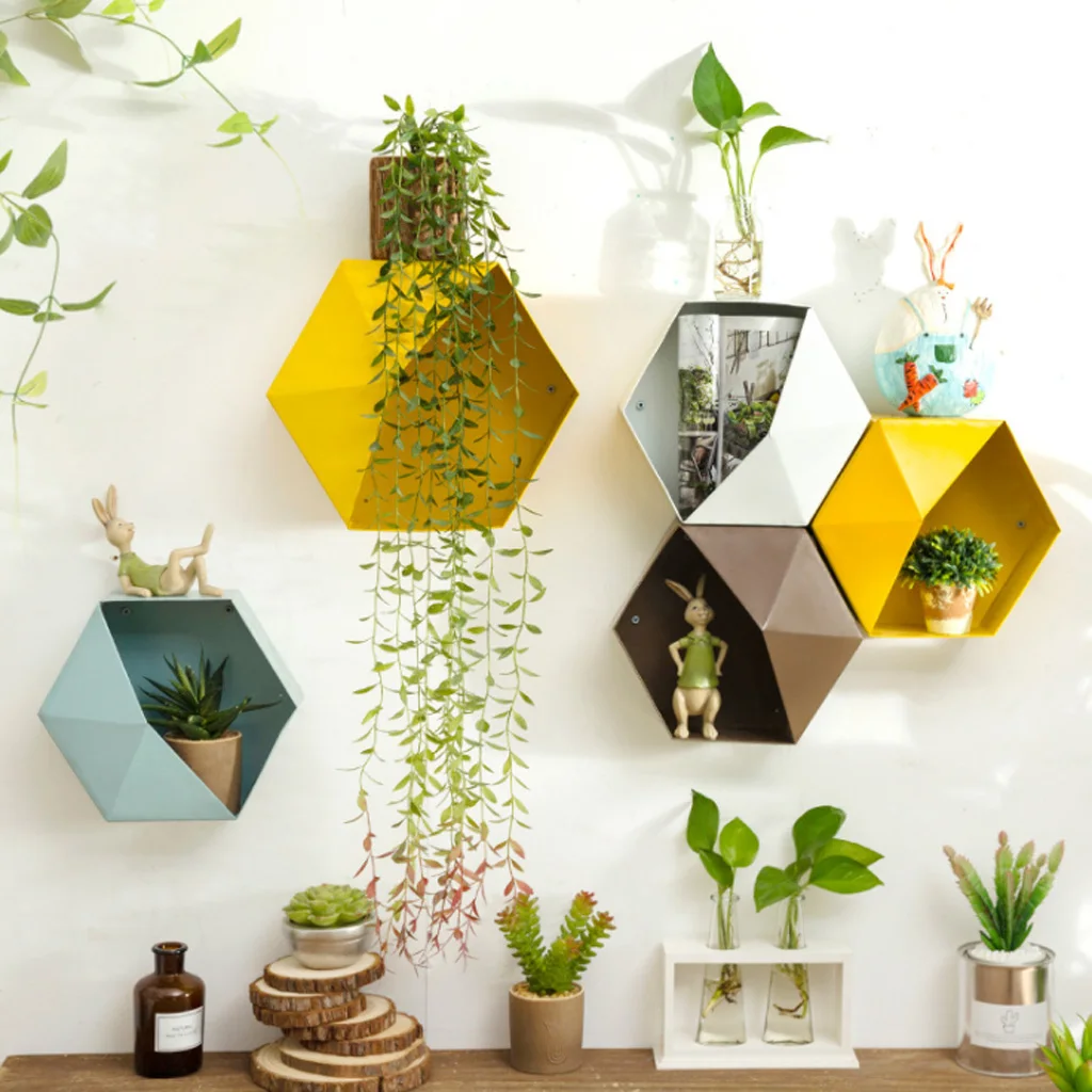 2 Pieces Wall Mounted Iron Hexagon Flower Plant Display Rack Planter Units Home Decor