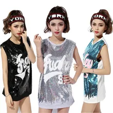 Новая Корейская пикантная обувь для ночного клуба DS футболка без рукавов средней длины участки свободные хип-хоп мода блестками блестка танца джаз костюм