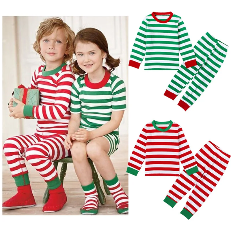 Детский пижамный комплект в рождественском стиле, детский комплект одежды в полоску, 2 предмета, Топ/штаны, 1209