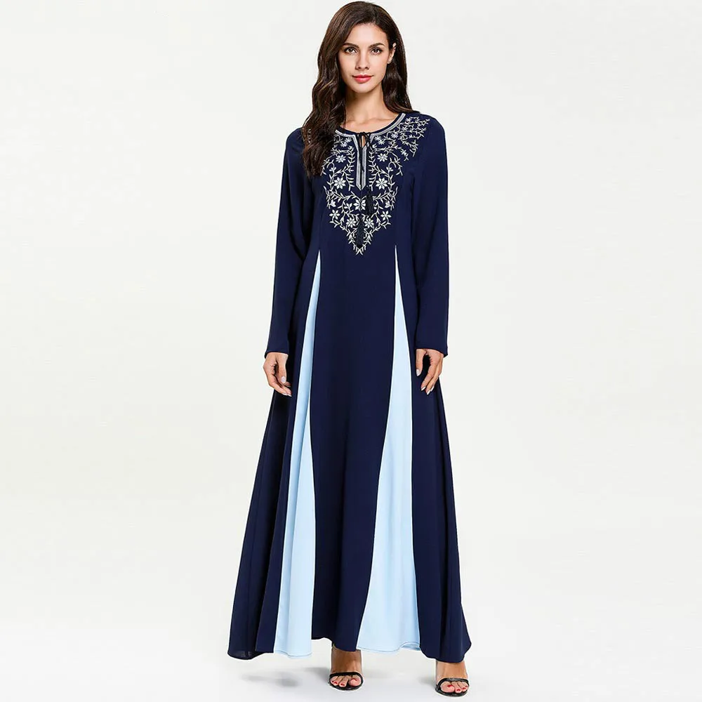 

2019 Spring Autumn Woman Plus Size Long Sleeve Muslim Dress Crewneck Embroidery Patchwork Kaftan Abaya Maxi Dubai Dress Vestidos