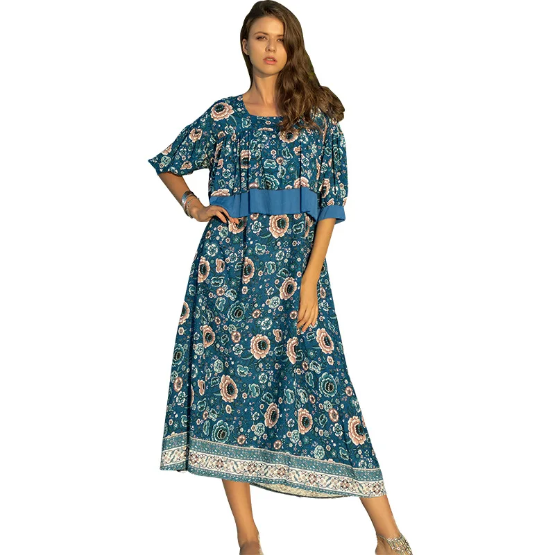 

Women Summer Dress 2019 Casual Short Sleeve Long Dress Boho Floral Print Maxi Dress Turtleneck Bandage Elegant Dresses Vestido