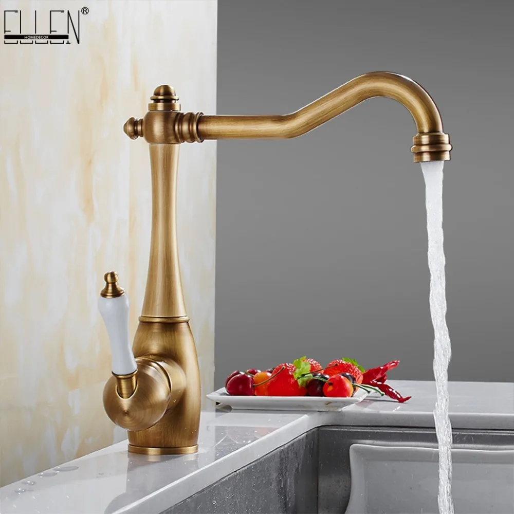 Deck Mounted Antique Bronze Kitchen Faucet Hot And Cold Water Mixer Tap Vessel Sink Faucets Crane Single Handle Elf9070a