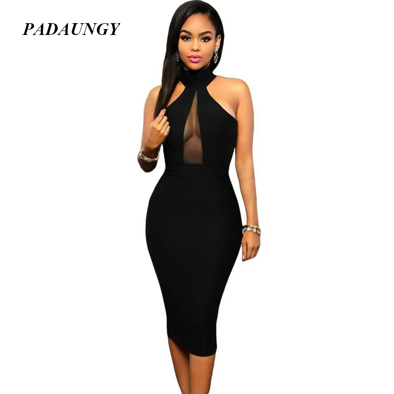 PADAUNGY Abiti Neri Sexy Halter Senza Maniche Aderente Abiti Notte Clubwear Backless Party Dress Mesh Joint Estate Veste Femme