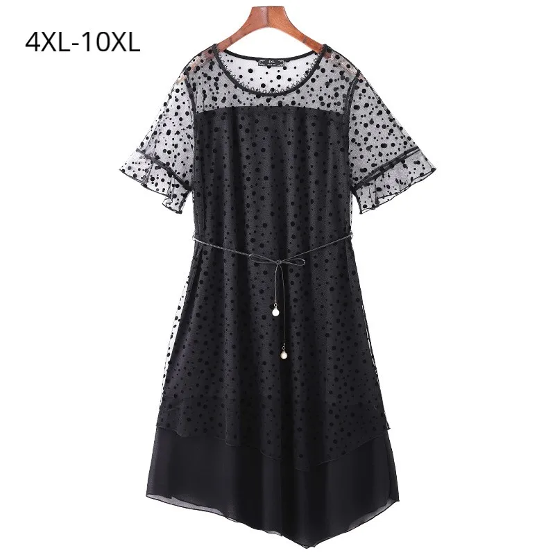 

Plus Size10XL 8XL 6XL 4XL Flare Sleeve Summer Dress Black Dot Mesh Irregular Hem Elegant Tops Ladies Slim Dresses For Mujer