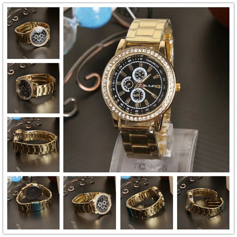 

Luxury Watches!!! Men Women's Quartz Watch Gold Stainless Steel Band Black Dial Water Resistance Rhinestone Women's Watch 2017