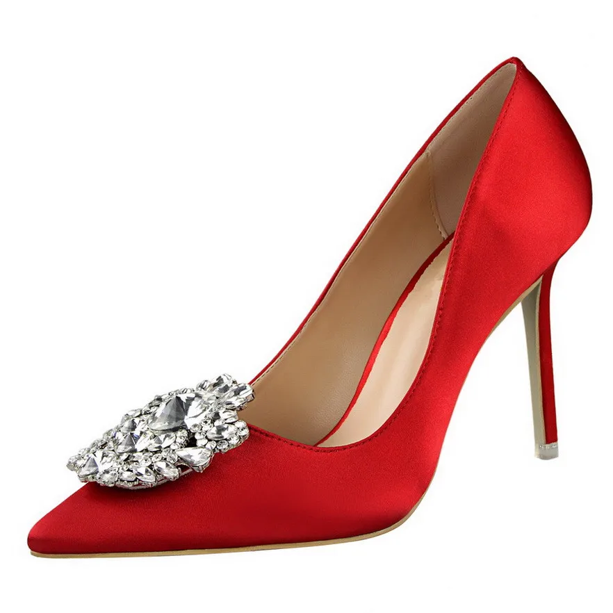 

Women's Pumps 2019 Summer Solid Color Heel Sexy Fashion Pointed Diamond Buckle Silk Satin Rhinestone Single Shoes G0062