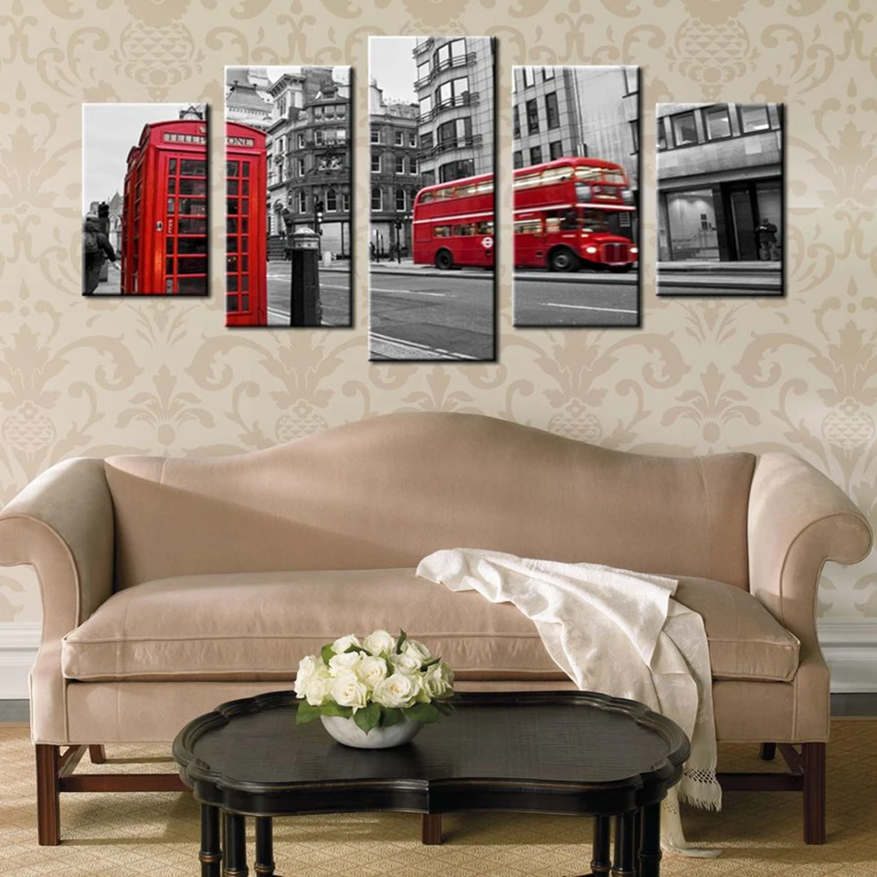 

Embelish 5 Panels London Red Bus Cityscape HD Canvas Painting Modern Home Decor Modular Pictures Wal Art Posters For Living Room