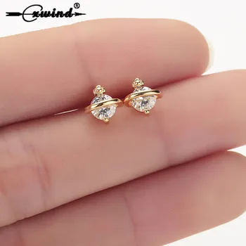 

Cxwind Classic Cute Gold Saturn with Rhinestone Stud Earrings Charms women Girl Fashion Statement Space Planet Earring Jewelry
