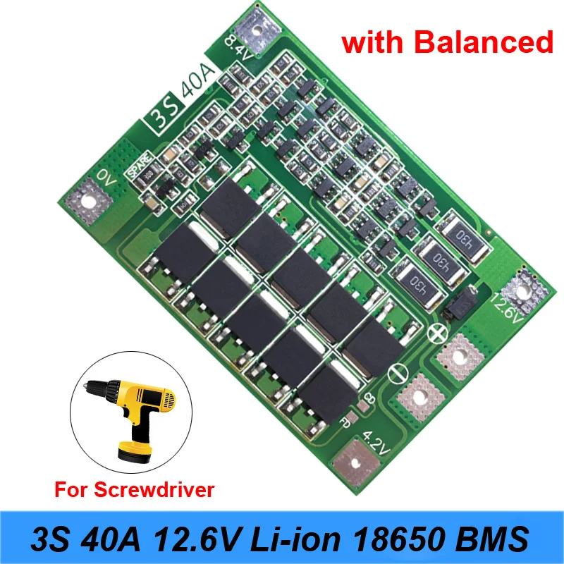 

3S 40A 11.1V 12.6V 18650 lithium battery protection Board for screwdriver drill 40A current with Balance screwdriver battery USE