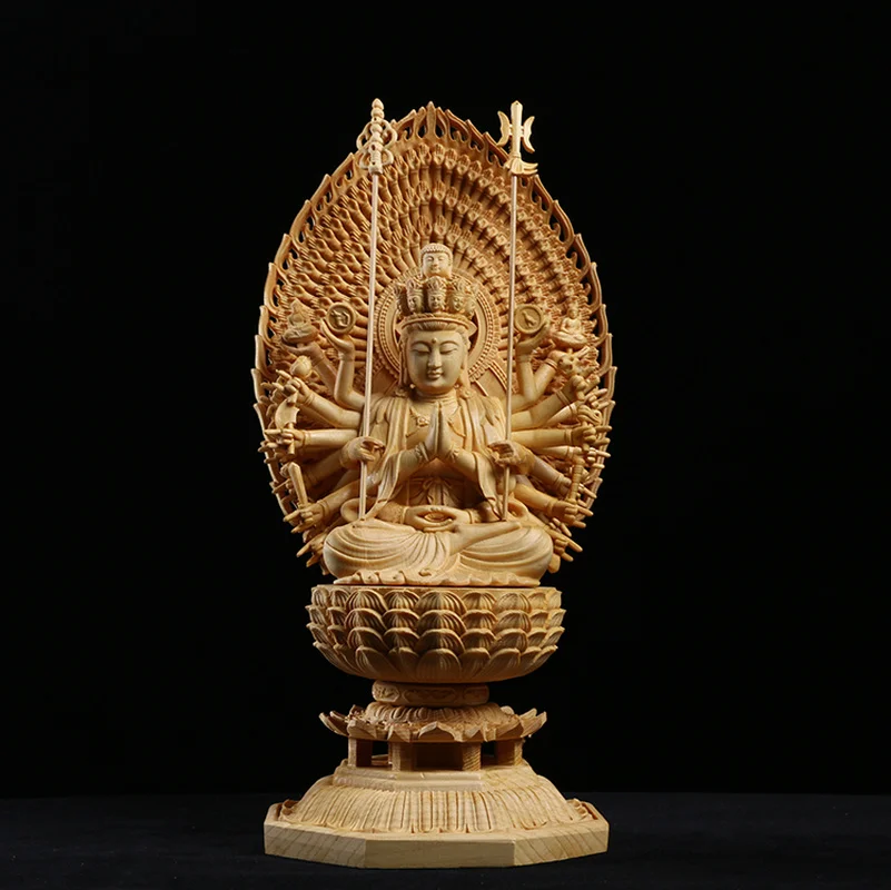 Japan Carving Buddha Statue Guanyin and The Thousand Arms Goddess Western Trinity Solid Wood Feng Shui Buda Statues for Decors