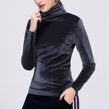 Бархатные Топы с высоким воротом, женская футболка, Осень-зима, новая модная футболка с длинным рукавом, базовая Повседневная футболка размера плюс, женская футболка
