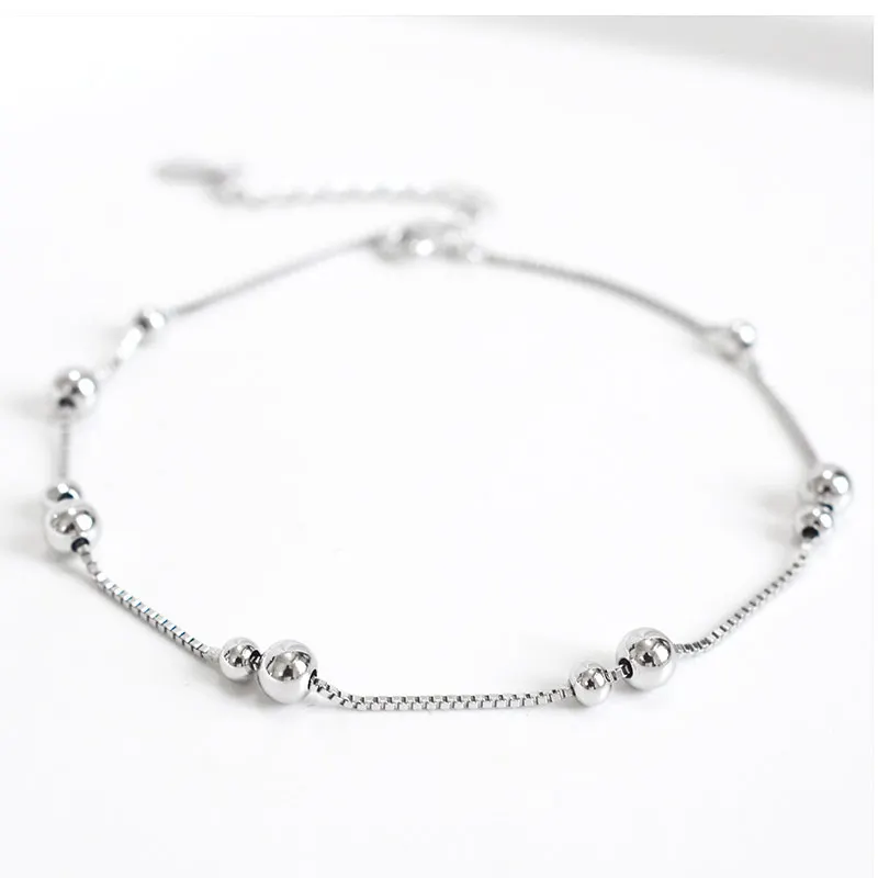 925 Sterling Silver Ankle Bracelet Simple Beads Chain Anklets for Women Girls Foot Jewelry Charm Adjustable Length Leg Chain